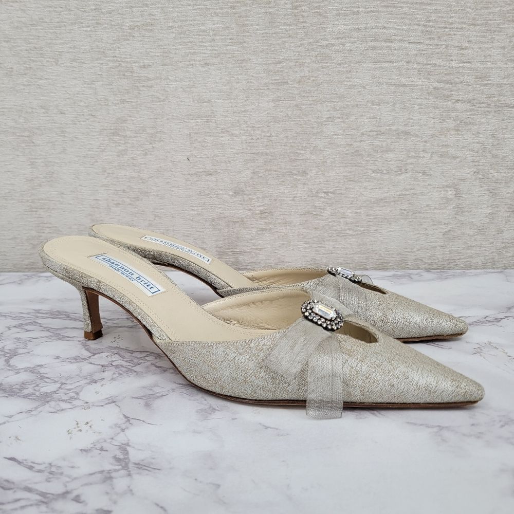 Shannon Britt Italian Silver Kitten Heel Mules Formal Bridal Evening - Picture 2 of 16